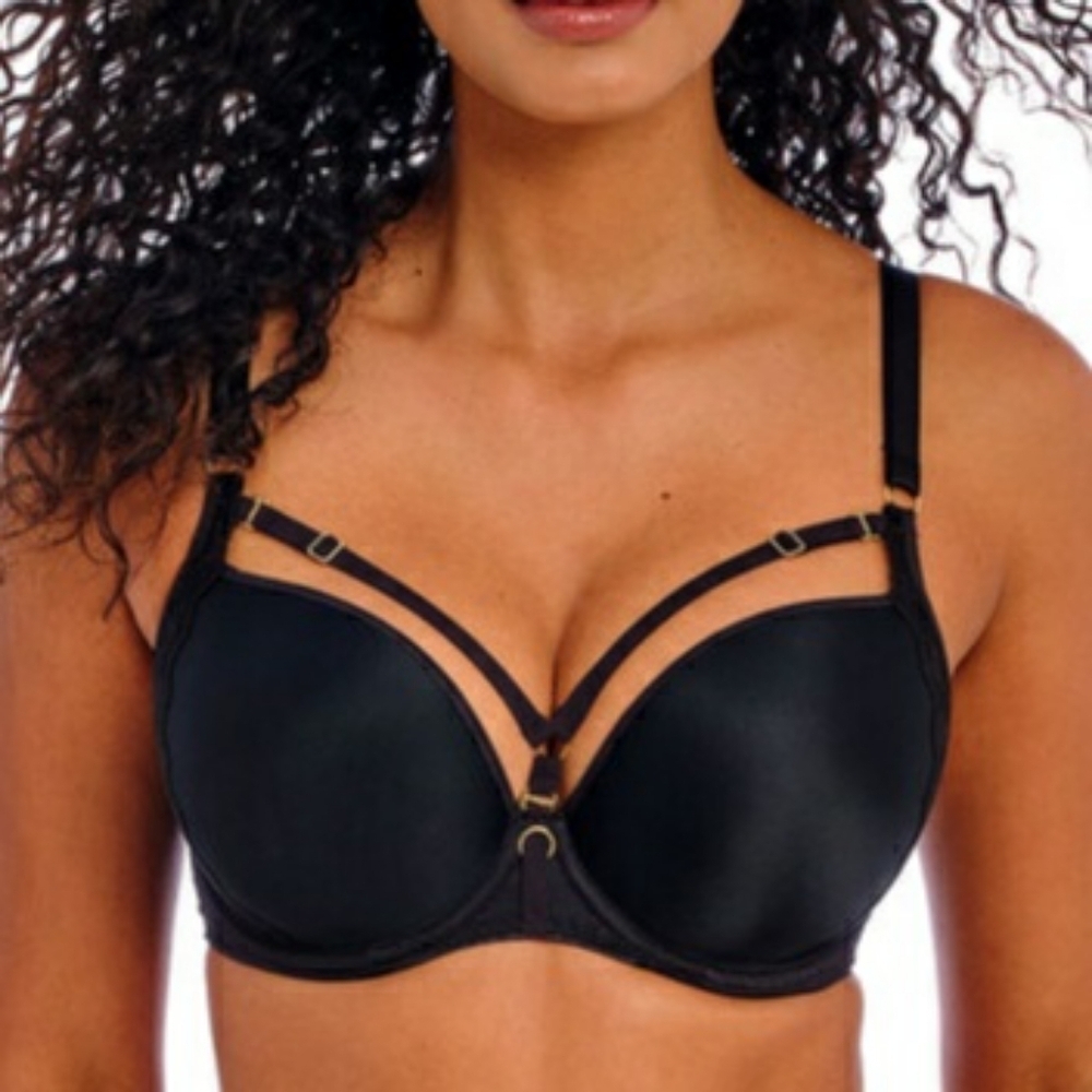 Sz 32H Freya Temptress Molded Plunge Bra Black Underwire Strappy Detail